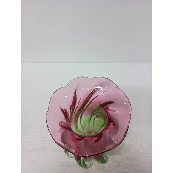 VTG Watermelon Twist Pink Green Art Glass Hand Blown Murano Style Vase 7.5" - Picture 3 of 10